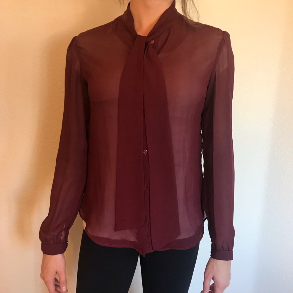Tie Neck Burgundy Chiffon Blouse